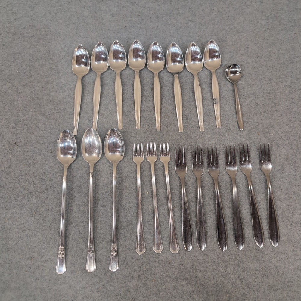 Court Silver Plate Mixed Flatware Lot 21 Pieces Spoons Forks Silver Tone Cutlery